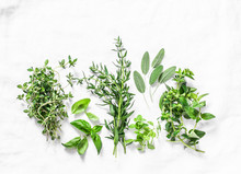 Range Of Fragrant Garden Herbs On A Light Background-tarragon, Thyme, Oregano, Basil, Sage, Mint. Healthy Ingredients, Top View. Copy Space, Flat Lay