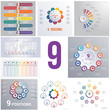 Set 9 universal templates elements Infographics conceptual cyclic processes for 9 positions possible to use for workflow, banner, diagram, web design, timeline, area chart,number options.