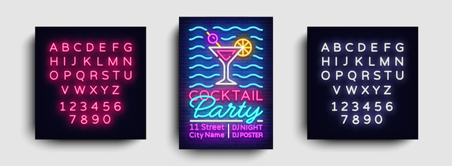 Wall Mural - Cocktail party poster neon vector. Summer party design template, bright neon brochure, modern trend design, light banner, typography invitation to the party, postcard. Vector. Editing text neon sign