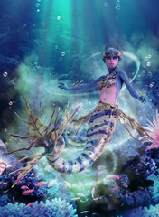 Wall Mural - Deep Blue Sea Mermaid, 3d CG