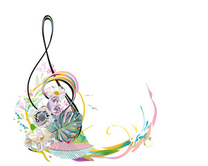 Abstract treble clef decorated with summer and spring flowers, palm leaves, notes, birds. Hand drawn musical vector illustration.