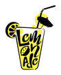 Logo of lemonade in a glass with words. Stylized inscription of lemonade in the form of a glass with a tube. Yellow Logo with lettering.