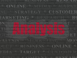 Marketing concept: Painted red text Analysis on Black Brick wall background with  Tag Cloud