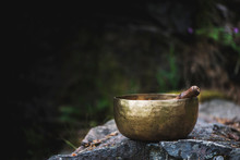 Tibetan Bowl On Rocks In The Forest.