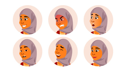 Wall Mural - Arab Avatar Woman Vector. Facial Emotions. Traditional Clothes.Islamic. Hijab. Arab, Muslim. User Portrait. Scared, Aggressive. Happiness, Unhappy. Modern Employer. Isolated Flat Cartoon Illustration