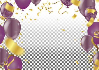 Set. Air Balls. Gold and purple Balloons. Festive background. Ribbons.Sequins. Confetti. Card. Decoration. Design  Festive background