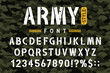 Military stencil font on camouflage background. Rough and grungy stencil alphabet with numbers in retro army style