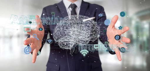 Businessman holding a 3d rendering artificial intelligence concept with a brain and app