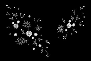 Tiny field flower realistic embroidery. Wild herbs daisy textile print decoration black fashion traditional vector illustration vintage design template. Monochrome white lace ditsy ornament