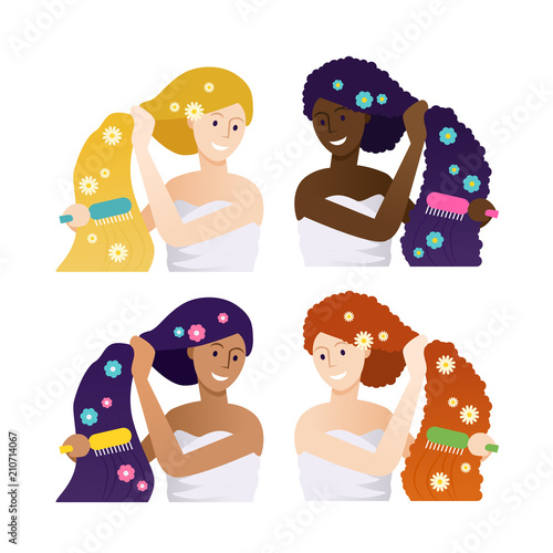 Multi Ethnic Group Of Four Beautiful Women In Towels Brushing
