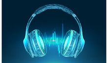 Bright Glowing Neon Headphones Isolated On Blue Background, Music Concept. Banner. Abstract Image Of A Starry Sky Or Space, Consisting Of Points, In The Form Of Stars And The Universe. Low Poly Vector