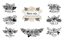 Flower Logo Template. Floral Botanical Collection. Flowers, Branches, And Leaves. Hand Drawn Design Elements. Nature Vector Illustration.
