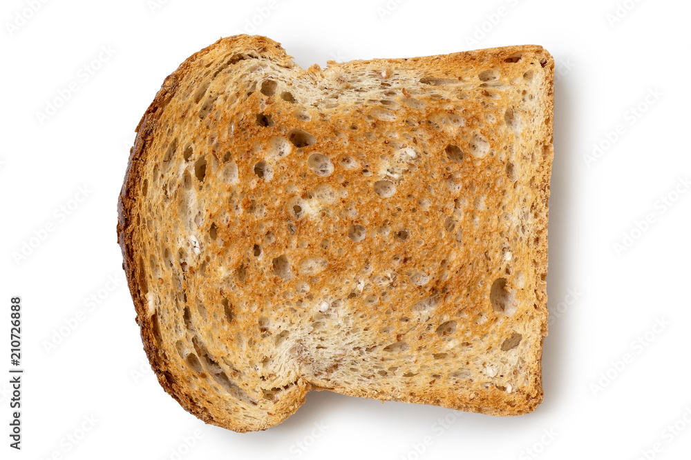 A single slice of whole wheat toast isolated on white from above. - obrazy, fototapety, plakaty 