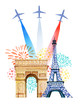 Bastille day. French National day greeting card and poster design. Hand drawn watercolor illustration with Triumphal Arch, Eiffel tower, airplanes with flag of France and firework