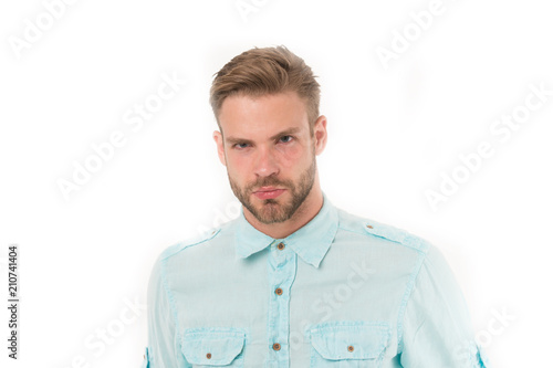 Handsome Man In Blue Shirt Fashion Man With Beard On Serious Fac