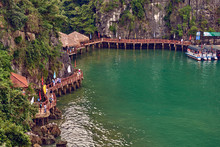 Ha Long Bay , Vietnam-29 November 2014:  Hang Sung Sot Cave Harbour And Tourists Who Visited The Hang Sung Sot  Cave,UNESCO World Heritage Site