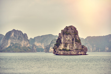 Wall Mural - Halong bay boats, Vietnam Panoramic view of sunset in Halong Bay, Vietnam, Southeast Asia,UNESCO World Heritage Site