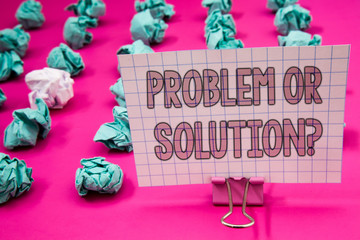  Conceptual hand writing showing Problem Or Solution Question. Business photo showcasing Think Solve Analysis Solving Conclusion Paperclip with pink letters pink ground green paper lobs.