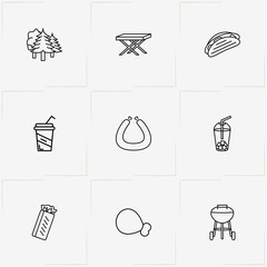 Picnic line icon set with juice cup, sausage and sandwich