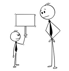 Canvas Print - Cartoon stick drawing conceptual illustration of businessman looking at confident small boy holding empty sign. Business concept of creativity and motivation.