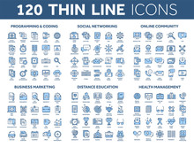 Programming,coding. Data Management. Social Network, Computing. Information. Internet Connection. Business Marketing. School And Education. Medicine. Thin Line Blue Icons Set. Stroke.