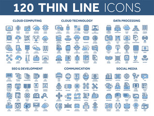 Cloud computing and technology.Data storage. Seo,development. Social network,communication. Internet connection. Email message. Thin line blue icons set. Stroke.