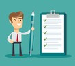 © alekseiveprev - Happy businessman holding a pencil looking at completed checklist on clipboard. Stock flat vector illustration.