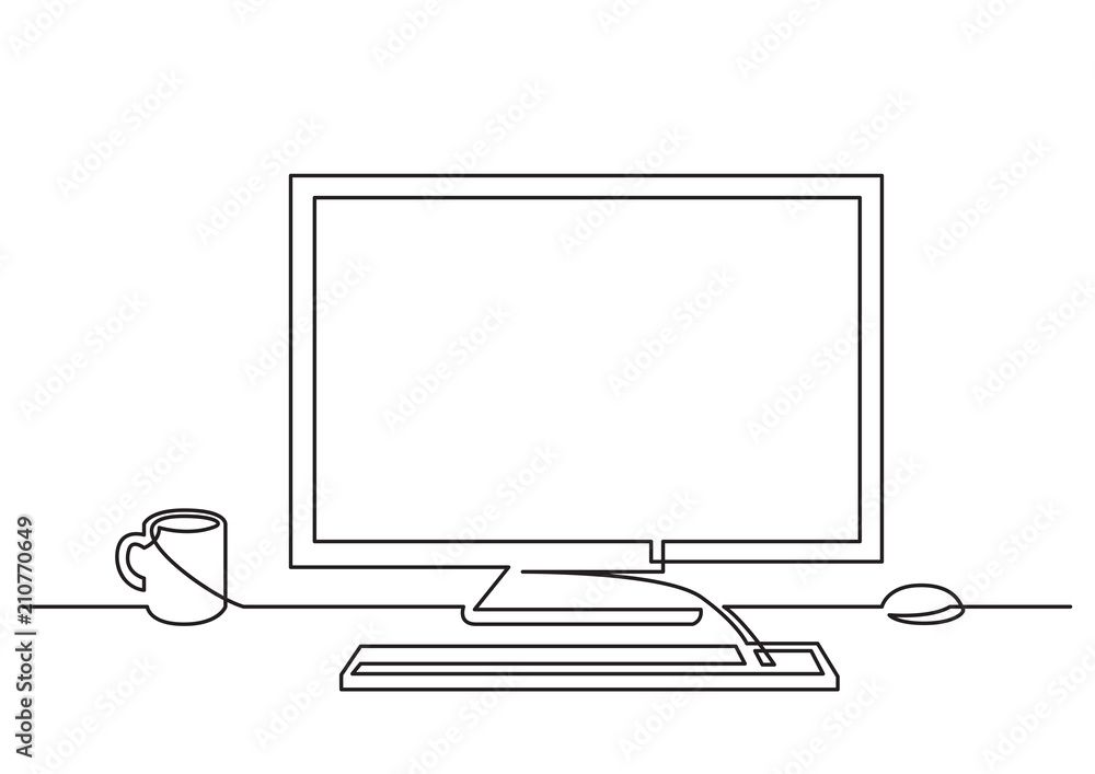 continuous line drawing of work desk computer and coffee - obrazy, fototapety, plakaty 