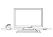 continuous line drawing of work desk computer and coffee