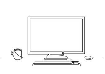 Wall Mural - continuous line drawing of work desk computer and coffee