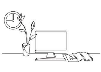 Poster - continuous line drawing of work desk with computer and flower