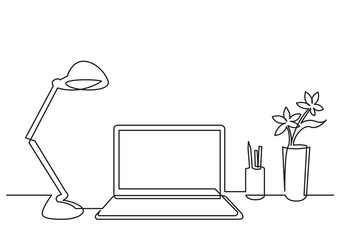 Wall Mural - continuous line drawing of work desk with computer lamp and flower