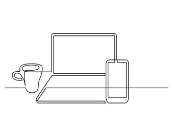 Wall Mural - continuous line drawing of laptop computer mobile phone