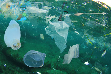 Poster - Plastic ocean pollution. Underwater bags, bottles, cups, straws and ear buds 