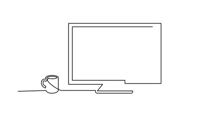 Wall Mural - continuous line drawing of work desk computer and coffee