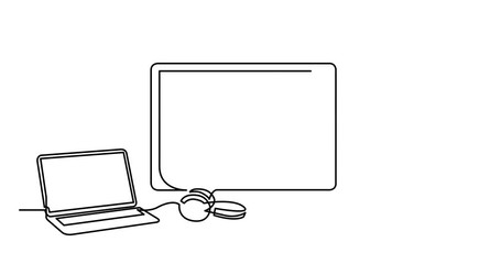 Wall Mural - animation of continuous line drawing of desktop computer laptop and mug