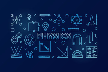 Wall Mural - Physics vector blue horizontal banner. Science illustration