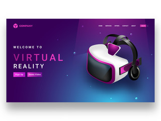 Wall Mural - isometric view of vr box or glasses on shiny glowing background, landing page for virtual reality co