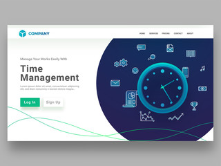 Wall Mural - Time management concept with multiple task to do in a certain time frame, business icons and clock. Web template or hero banner design.