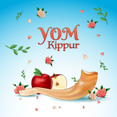 Sticker - Yom Kippur banner or poster design, apple slice, shofar horn, rose flowers with leaves on baclground.