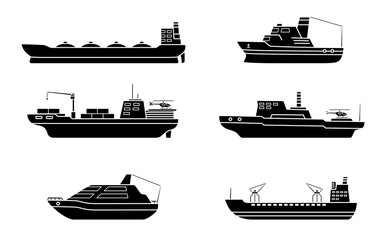 Set of scientific exploration ships. Sea research transportation vehicle. Ocean ship.