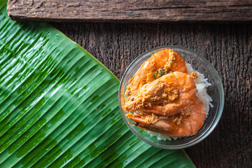 Wall Mural - Rice with shrimp on banana leaves. food