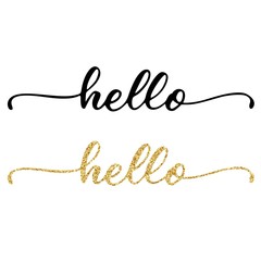 Wall Mural - Hello! hand lettering, custom typography, ink brush calligraphy isolated on white background, with golden glitter texture. Vector type illustration.