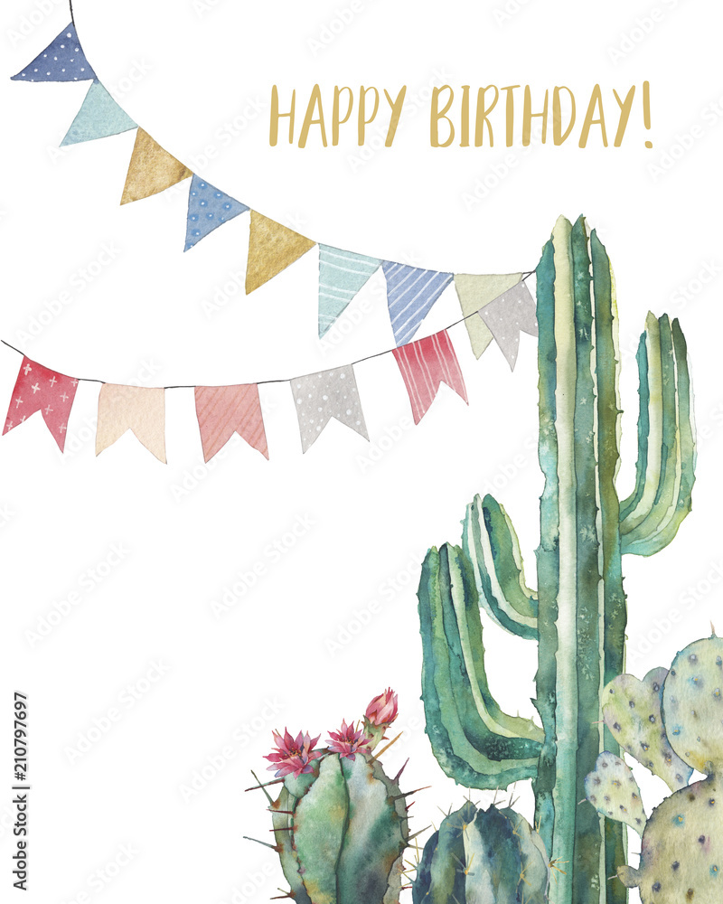 Watercolor cactus happy birthday card. Hand drawn greeting design with flag  garlands and desert plants on white background. Illustration of various  cacti Stock-illustration | Adobe Stock