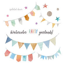 Watercolor Stars, Dots And Flags Garlands Set Isolated On White Background. Party, Baby Room Or Wedding Decor Elements With Various Modern Patterns: Polka Dots, Stripes, Zigzag.