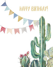 Watercolor Cactus Happy Birthday Card. Hand Drawn Greeting Design With Flag Garlands And Desert Plants On White Background. Illustration Of Various Cacti