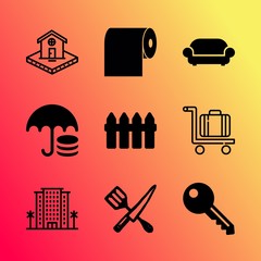 Vector icon set about home with 9 icons related to table, recycle, policy, city, wall, loan, elegance, person, wipe and hand