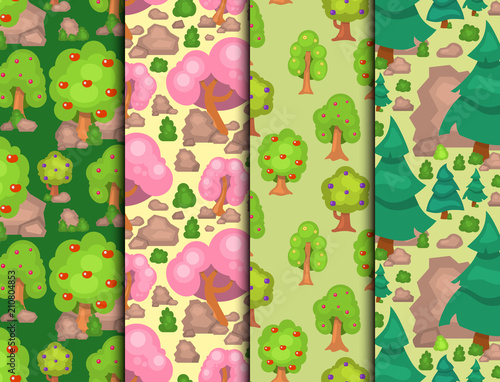 Garden trees vector flowers grass game park elements illustration nature fore...