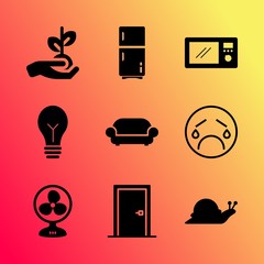 Vector icon set about home with 9 icons related to hanging, group, entrance, ecology, timer, think, face, growth, happy and female