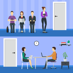 Poster - Cartoon People Waiting Job Interview Concept. Vector